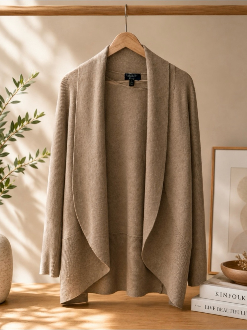 Charter Club Taupe Open Front Shawl 100% Cashmere Cardigan